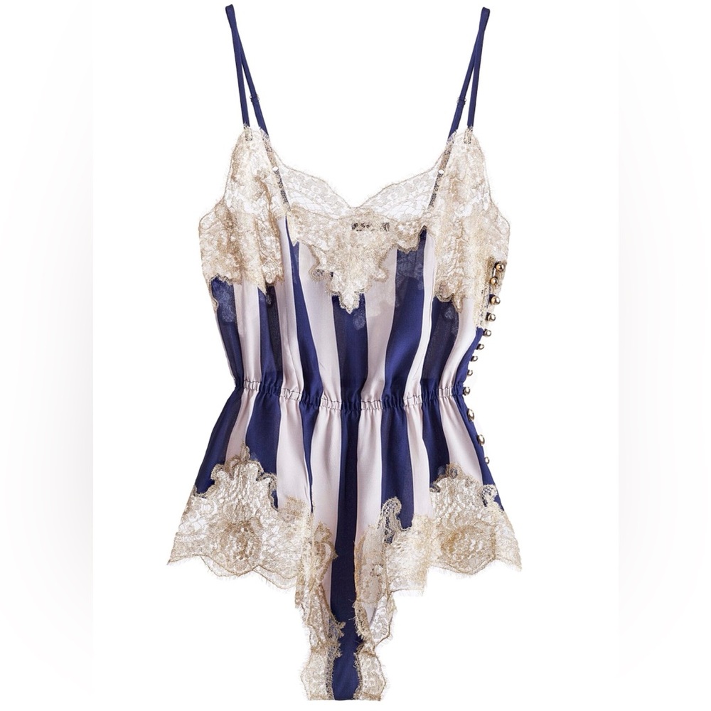 Rosamosario 100% Silk Bodysuit Playsuit Navy Cream Stripes Champagne Lace Silk